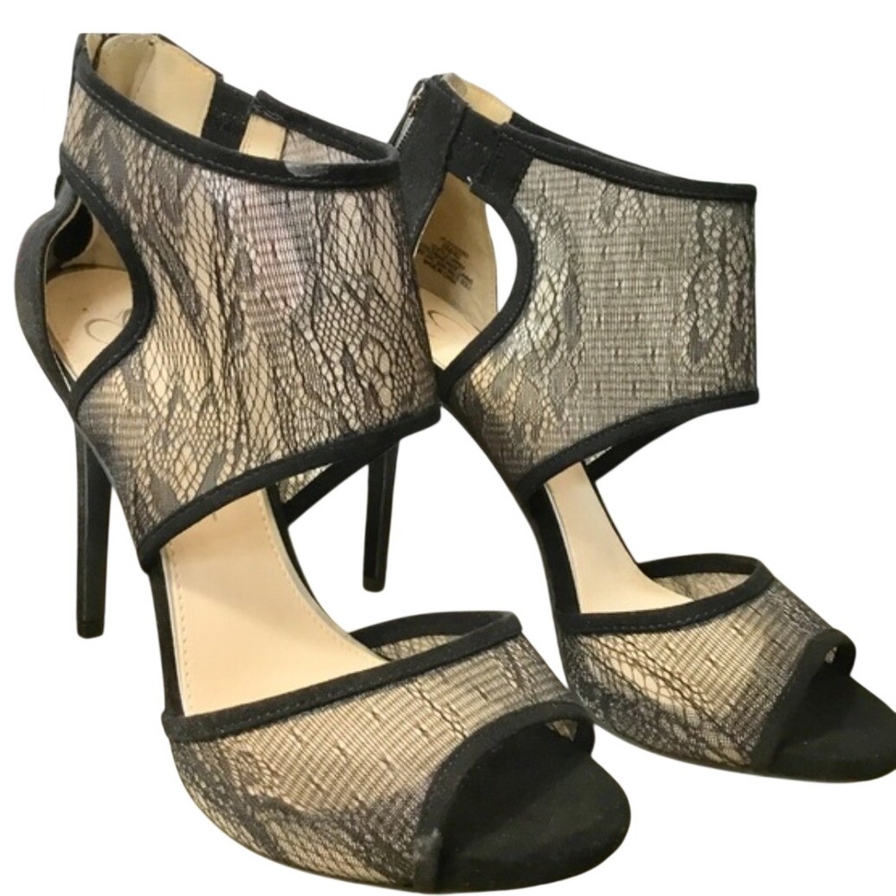 Jessica Simpson Raveero Black Lace Platform Sandals Peep Toe Stiletto Heels 8.5M